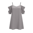 thumbnail image 1 of Puntoco Women Cold Shoulder Spaghetti Strap Solid Ruffle Short Sleeve Mini Dress, Loose Flowy off Shoulder Casual Party Loungewear Slip Nightgown Gray L, 1 of 5