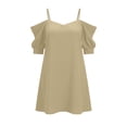 thumbnail image 1 of Puntoco Women Cold Shoulder Spaghetti Strap Solid Ruffle Short Sleeve Mini Dress, Loose Flowy off Shoulder Casual Party Loungewear Slip Nightgown Khaki L, 1 of 5