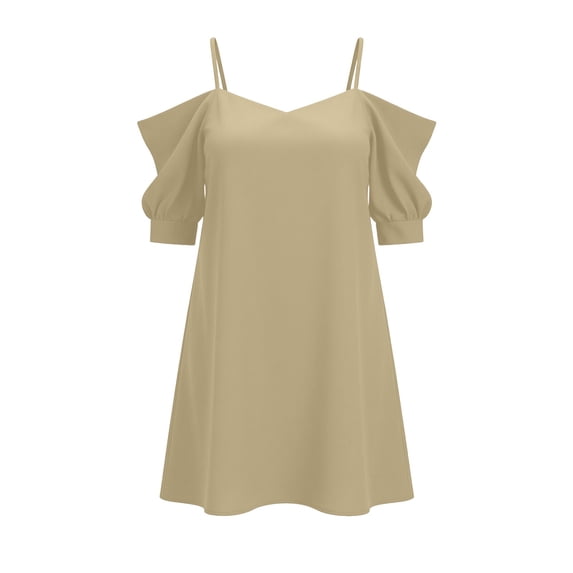 Puntoco Women Cold Shoulder Spaghetti Strap Solid Ruffle Short Sleeve Mini Dress, Loose Flowy off Shoulder Casual Party Loungewear Slip Nightgown Khaki L