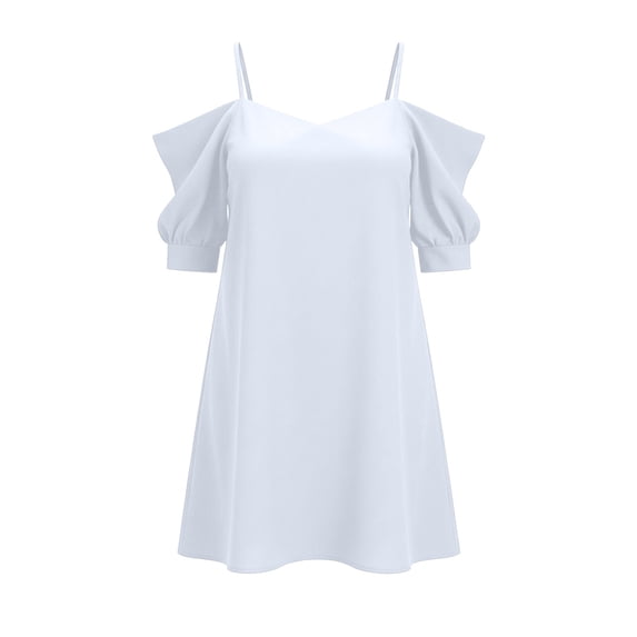 Puntoco Women Cold Shoulder Spaghetti Strap Solid Ruffle Short Sleeve Mini Dress, Loose Flowy off Shoulder Casual Party Loungewear Slip Nightgown White XL