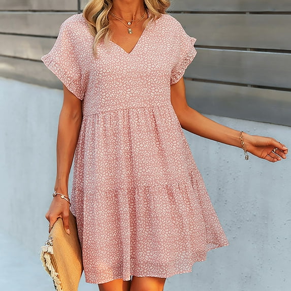 Puntoco Women Fashion Summer Dress Print Short Sleeve V-Neck Casual Knee-Length Dress Pink L