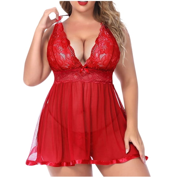 Puntoco Women Lingerie Lace Modal Pajamas Nightgowns Babydoll Lingerie Dress with Thong 2 Piece Red S(S)