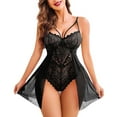thumbnail image 1 of Puntoco Women Lingerie V Neck Babydoll Dress Lace Chemise Sleepwear Mesh Nightgown with Thong Black S(S), 1 of 3