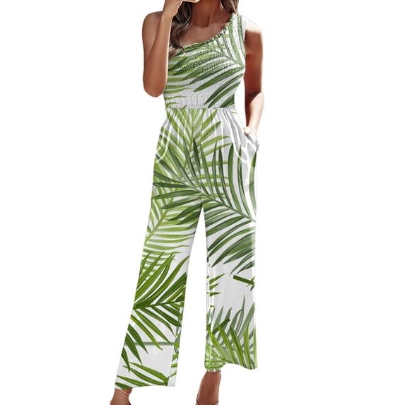Puntoco Women Plus Size Jumpsuit Clearance Slimming Straps One Shoulder Pleated High Waist Leg Pants Printed Jumpsuit Green S