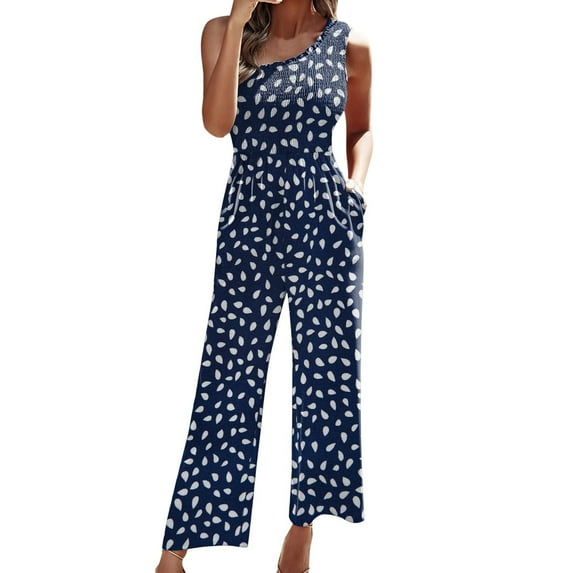 Puntoco Women Plus Size Jumpsuit Clearance Slimming Straps One Shoulder Pleated High Waist Leg Pants Printed Jumpsuit Navy S
