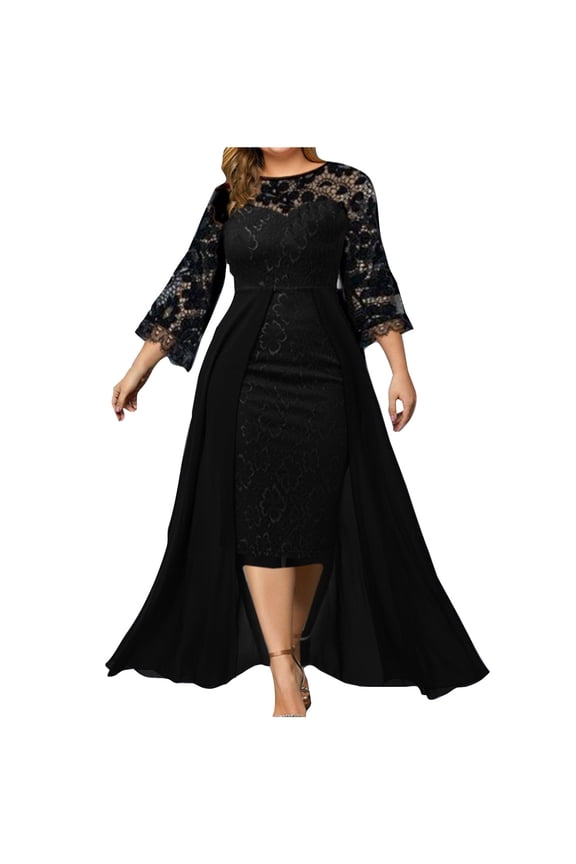 Women Plus Size Solid Color Long Sleeved Dress Black Silk Long Sleeved Lace Splicing Add Half Body Gauze Skirt Dress Set Black 8(L)