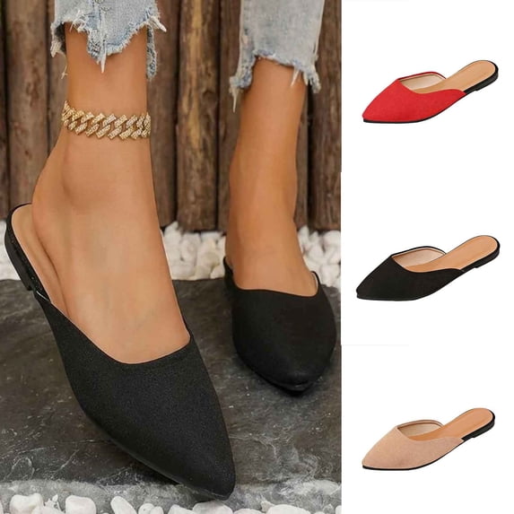 Puntoco Women Pointed Toe Flats Comfortable Solid Color Backless Slip‑On Flat Mules Shoes