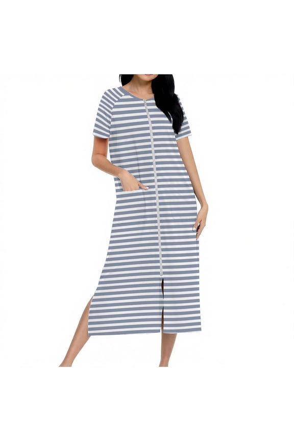 Women Robes Zipper Front Short Sleeve Full Length Housecoat with Pockets heart symbol Loungewear Light Blue-R XL