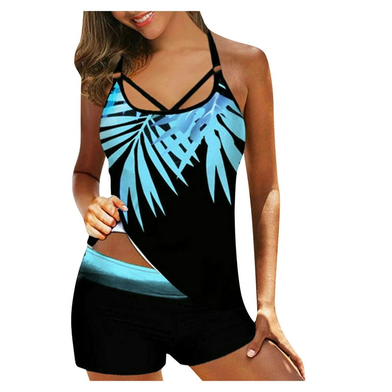 Puntoco Women S Clearance Plus Size Print Strappy Back Tankini Set Two Piece Swimsuits Swimdress Blue