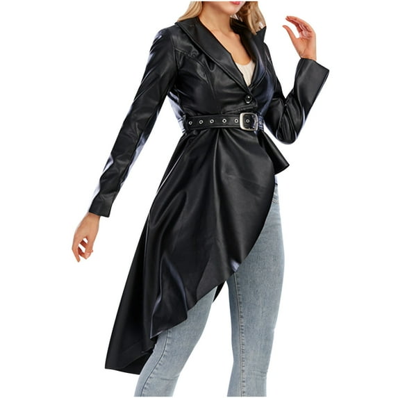 Puntoco Women'S Clearance Plus Size Women'S Autumn and Winter Solid Mid Length Imitation Tuxedo Leather Coat Black