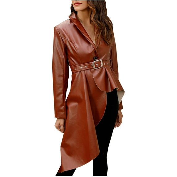 Puntoco Women'S Clearance Plus Size Women'S Autumn and Winter Solid Mid Length Imitation Tuxedo Leather Coat Brown