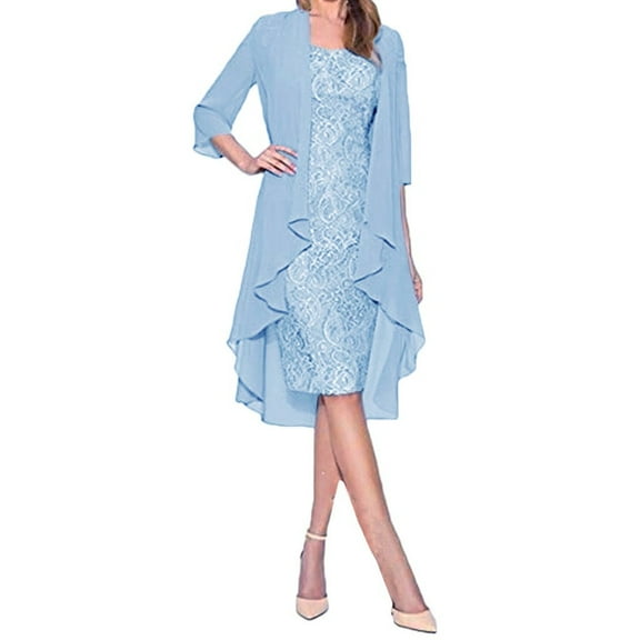 Puntoco Women'S Fashion Dress Two Pieces Charming Solid Color Mother of the Bride Lace Dresses Blue L