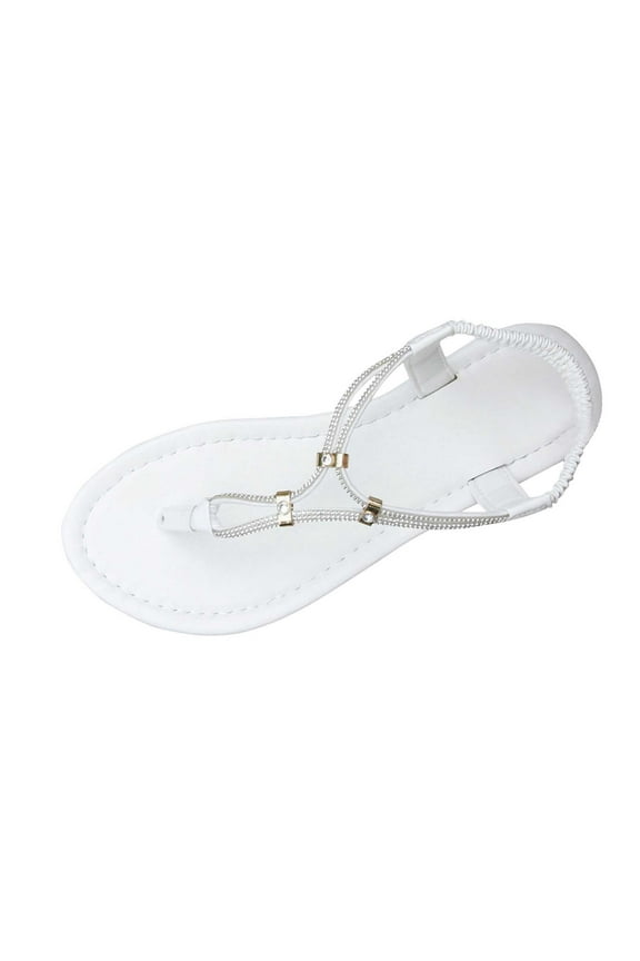 Women'S Flat Sandals Summer Beach Sandal T-Strap Rhinestone Beaded Bohemia Shoes White 7(38)