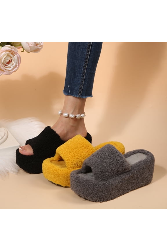 Women'S Fuzzy Wedge Slippers Platform Slides Open Toe Plush Sandals Comfort Indoor Outdoor Furry High Heel Slippers