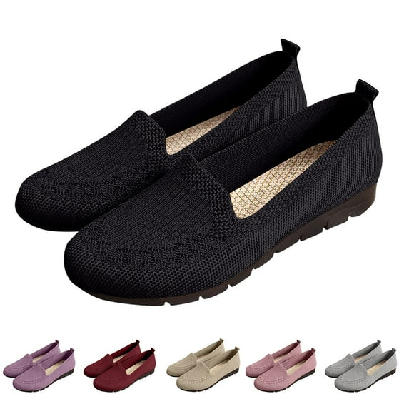 Puntoco Women'S Knitted Flat Shoes Lightweight Comfortable Loafers Women Footwear Slip On Casual Breathable Mesh Walking Shoes Female Round Toe Red 9.5(43)