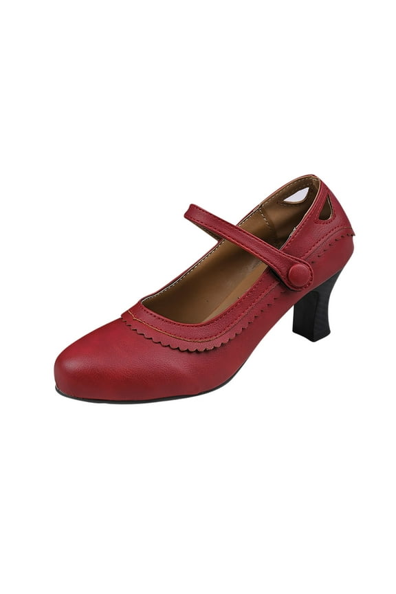 Women'S Mary Jane Classic and Retro Pump Heels Gatsby Oxford Pattern 1950S Pinup Vintage Round Closed Toe Ankle Strap Dress Shoes Red 5.5(36)