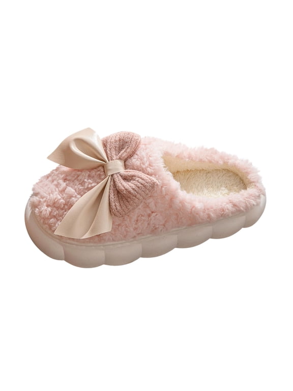 Women'S Memory Foam House Slippers - Fuzzy Plush Faux Fur Slippers with Bow Butterfly Tie - Anti-Skid Indoor/Outdoor Gifts for Women