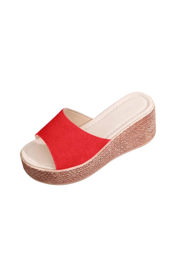 Women'S Platform Wedge Sandals Comfortable Slip-On Open-Toe Sandals Outdoor Non-Slip Casual Sandals Slippers Red 5.5(36)