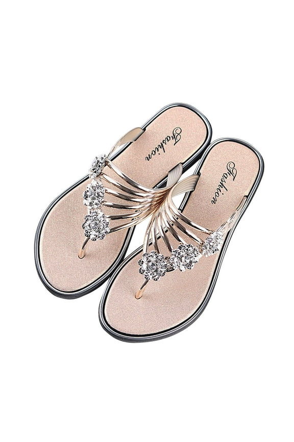 Women'S Rhinestone Rose Open Toe Flip Flops Summer Fashion Slippers New Sandals Comfortable Non-Slip Flat Slippers Rose Gold 6(37)