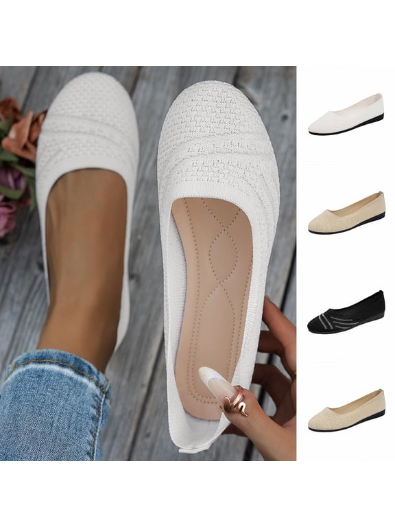 Women'S Wide Width Flats Ballet Flats Round Toe Knit Flat Shoes with Arch Support Wide Toe Box Loafers Shoes for Women White 9.5(43)