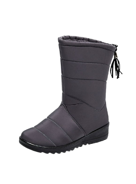 Puntoco Women'S Winter Boots Clearance,Ladies Winter High Tube Fringed Warm Waterproof Cloth Snow Boots Lazy Shoes Gray