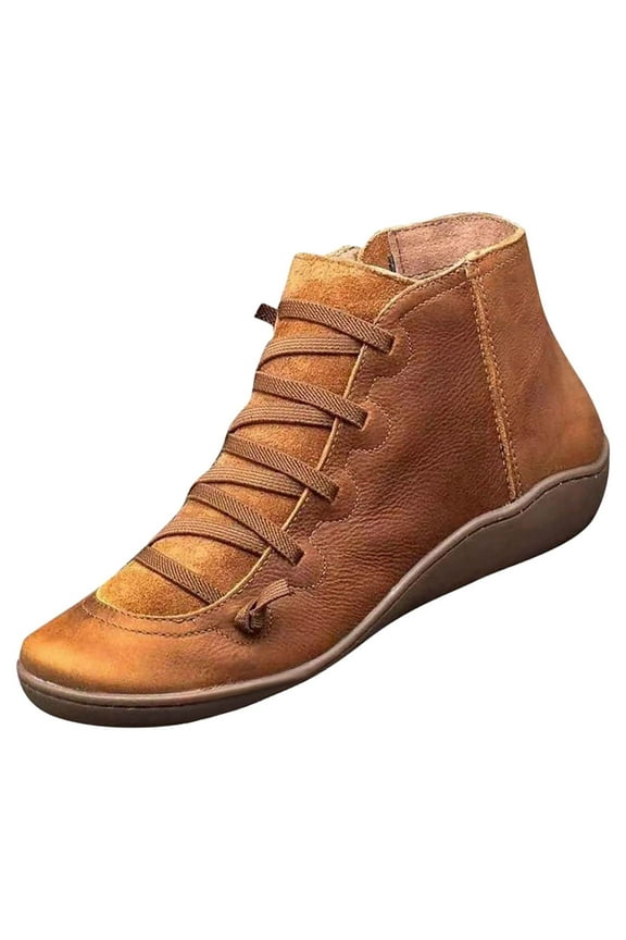 Women'S Winter Boots Clearance,Women Flat Leather Retro Lace-Up Boots Side Zipper Plus Shoe Boots Brown