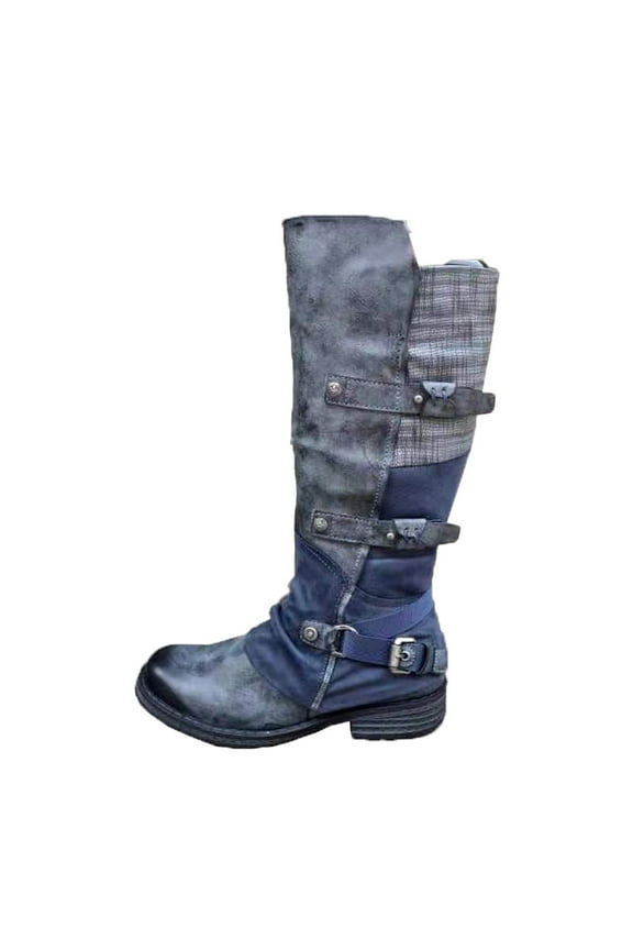 Women'S Winter Boots Clearance,Women'S Belt Buckle High Side Zipper Flat Heel Round Toe Rider Boots Blue