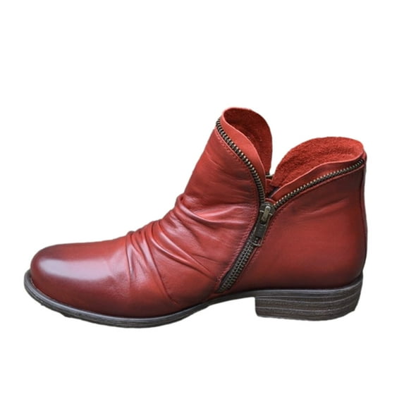 Puntoco Women'S Winter Boots Clearance,Women'S Shoes Retro Solid Color Low Heel Zipper Short Leather Boots Red
