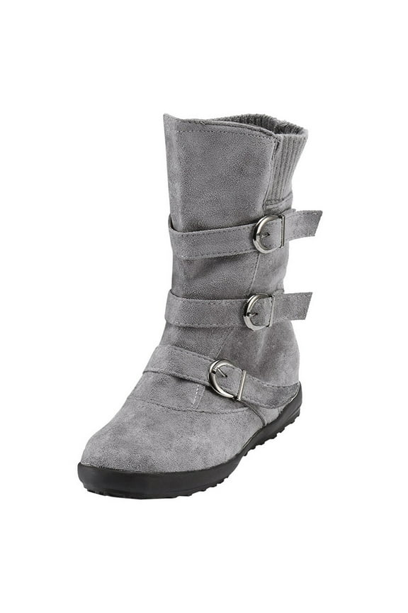 Women'S Winter Boots ,Women Suede Round Toe Zipper Flat Pure Color Buckle Strap Keep Warm Snow Boots Gray