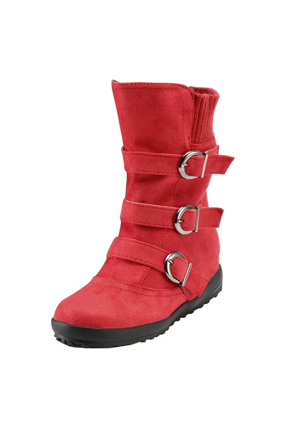 Women'S Winter Boots ,Women Suede Round Toe Zipper Flat Pure Color Buckle Strap Keep Warm Snow Boots Red