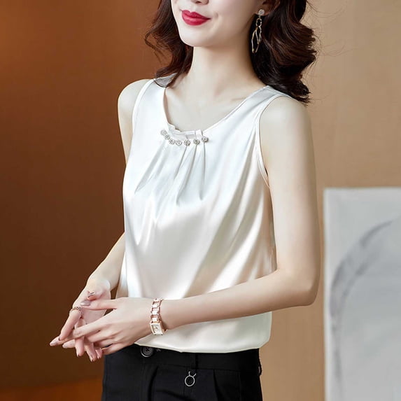 Puntoco Women Satin Silk Tank Tops Plus Size Pleated Crew Neck Business Tank Top Casual Sleeveless Slim Fit Evening Shirts