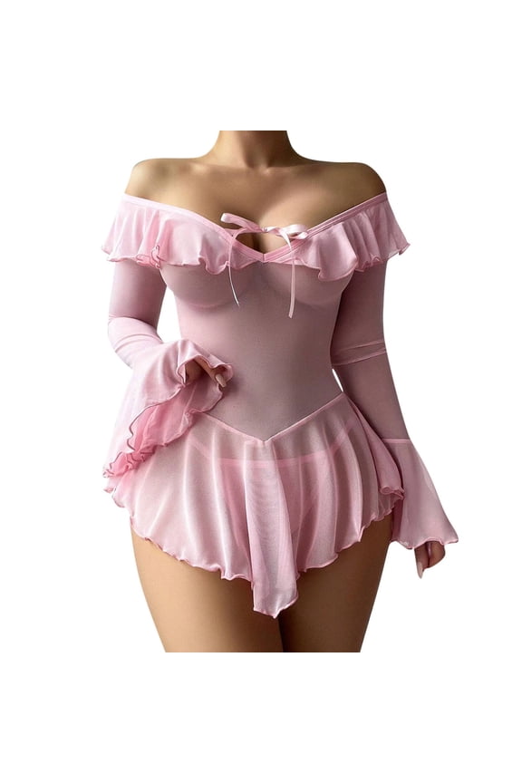 Women Sexy Lingerie V Neck Babydoll Dress Lace Sleepwear Mesh Nightgown with Thong Pink M(M)