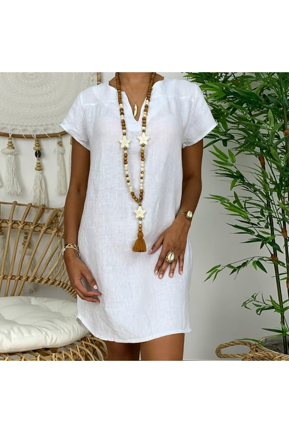 Women Short Sleeve V-Neck Casual Dress Hot Vacation Solid Color Mini Shift Dress White 12(XXL)