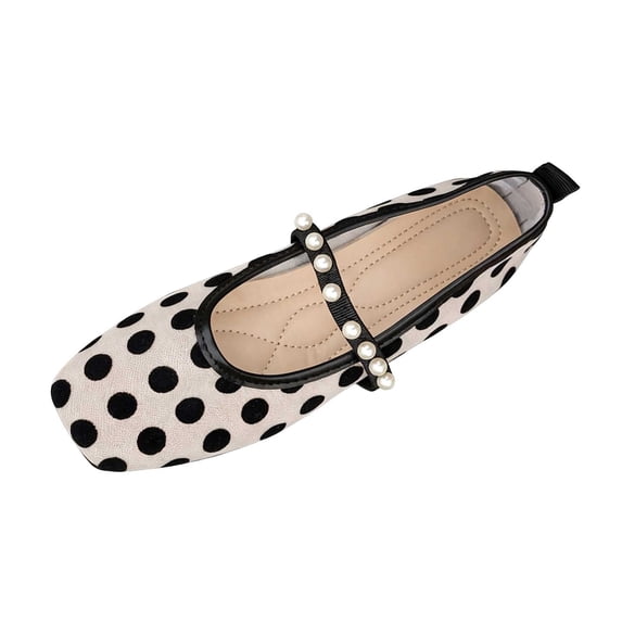 Puntoco Women Square Toe Polka Dot Mary Jane Flats Pearl Strap Slip‑on Shoes Beige-C 5.5(36)