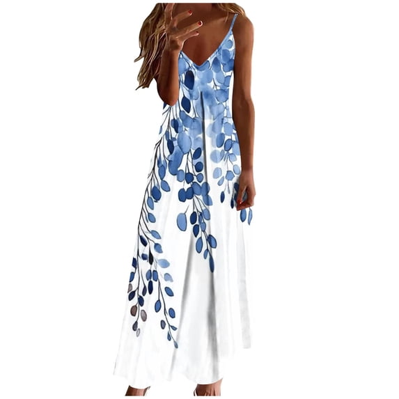 Puntoco Women Summer Midi Dresses Hawaiian Bohemian Beach Cover Up Sundress Spaghetti Strap Casual Dress Multicolor-C M(M)
