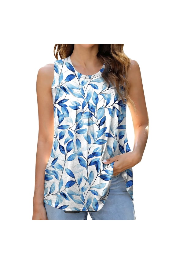 Women Summer Tops Sleeveless Tank Floral Casual Loose Fit T-Shirt Tunic Blue-A S(S)