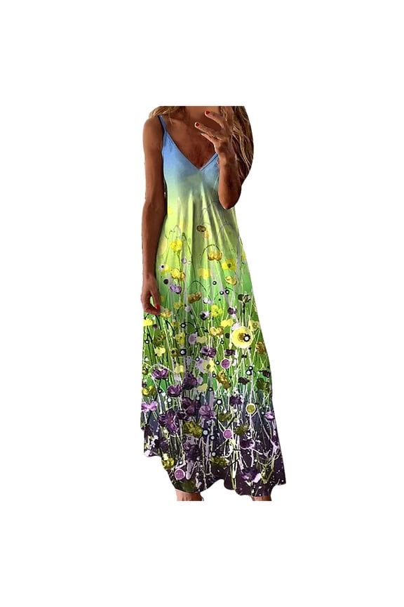 Women Summer V-Neck Casual Printing Loose Sleeveless Loose Long Dress Sky Blue 8(L)