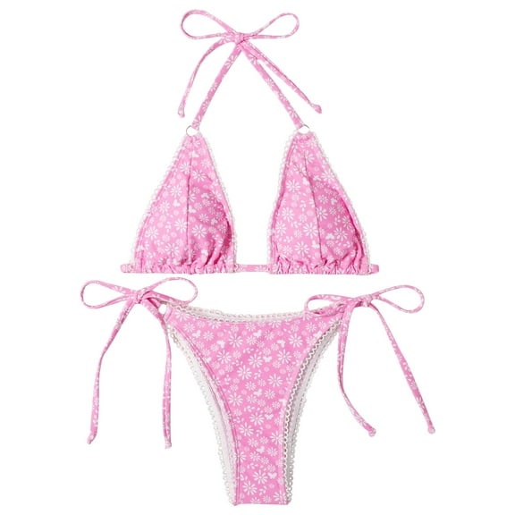 Puntoco Women Swimwear clearance Women Small Fresh Floral Fluorescent Color Printing Split Bikini Set Swimwear Pink 4(S)