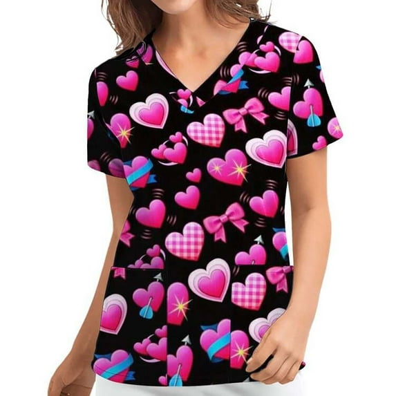 Puntoco Women Top Clearance Blouse for Women Women Uniform Working Clothing Print V Neck Short Sleeve Tops with Pocket Black 10(XL)