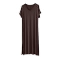 thumbnail image 1 of Puntoco Women V-Neck Short Sleeve Solid Modal Maxi Nightgown, Loose Side Split Breathable Wearable Outside Casual Home Loungewear Sleep Dress Khaki-Z XL, 1 of 8