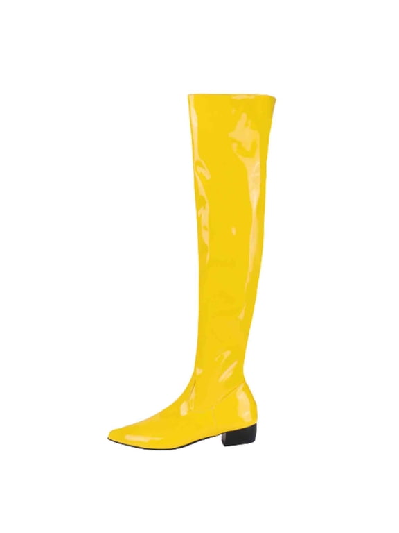 Women Winter Boots Clearanc Fall/Winter Candy Low Heel Patent Leather Side Zip Tall Over-the-Knee Boots Yellow 9(42)