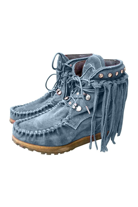 Women Winter Boots Clearanc Flat Heel Round Toe Fringed Boots Lace-Up Women'S Short Boots Platform Nude Boots Blue 6(37)