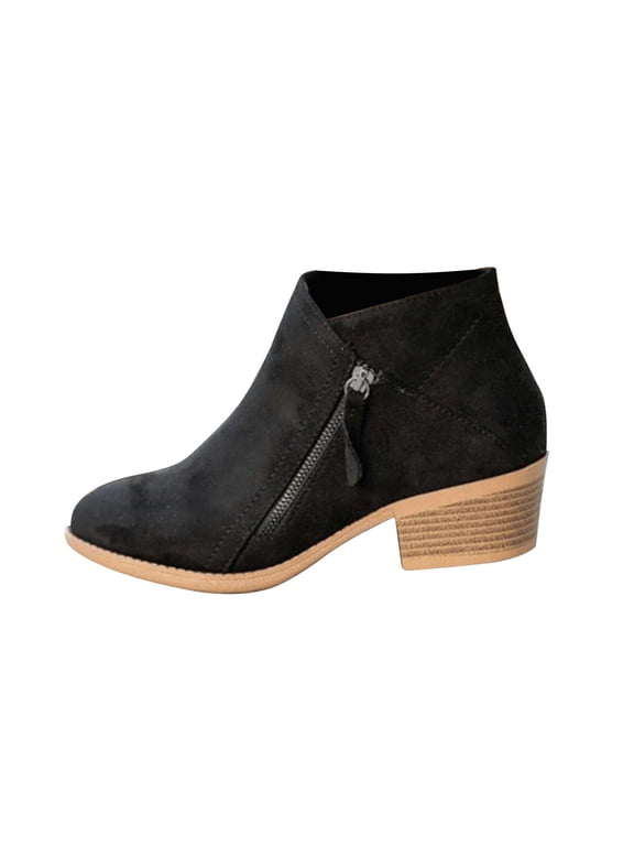 Women Winter Boots Clearanc Vintage Women Slip On Boots Pointed Toe Round Thick Heel Short Shoes Black 6(37)