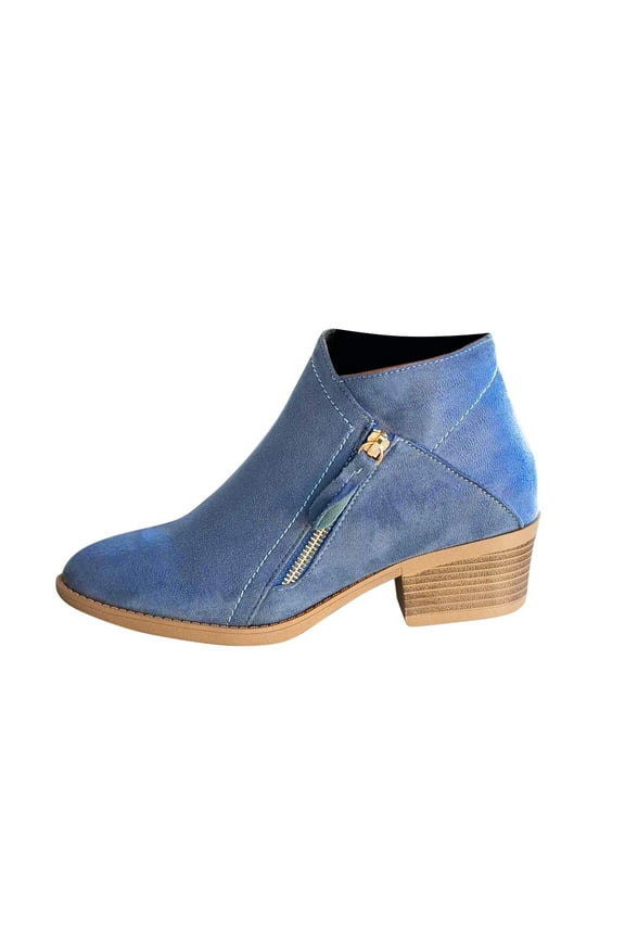 Women Winter Boots Clearanc Vintage Women Slip On Boots Pointed Toe Round Thick Heel Short Shoes Blue 6.5(38)