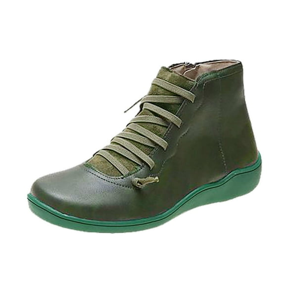 Puntoco Women Winter Boots Clearanc Women'S Casual Flat Retro Lace-Up Boots Side Zipper Round Toe Shoe Boots Green 9.5(43)