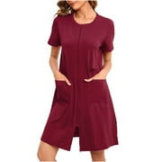 Puntoco Women Zipper Robe Short Sleeves House Dress Knit Short Bathrobe Sleepwear with Pockets Housecoat Nightgown,Terry Cloth Robes for Women Wine 10(XL)