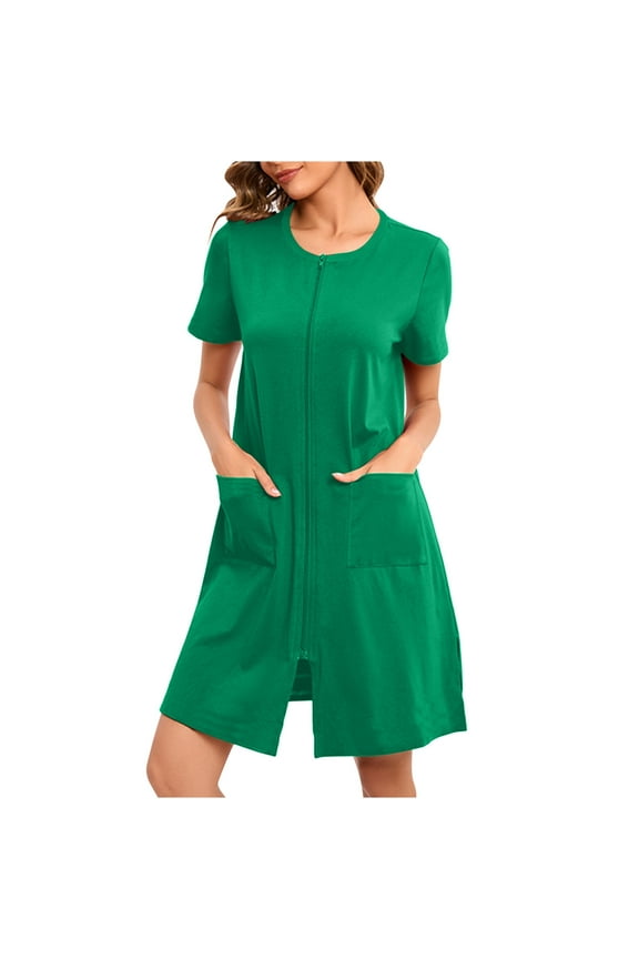 Women Zipper Robe Short Sleeves House Dress Knit Short Bathrobe Sleepwear with Pockets Housecoat Nightgown,Terry Cloth Robes for Women Green 10(XL)
