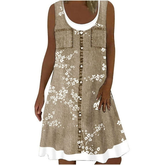 Puntoco Women dresses for summer Women's Summer Dresses Print Sleeveless Dress Fake Two-Piece Dresses Brown 14(XXXL)