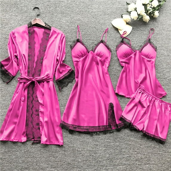 Puntoco Women's 4 Piece Sleepwear Floral Satin Cami Pajama Set Silk Nightgown with Robe Hot Pink XXXXXL