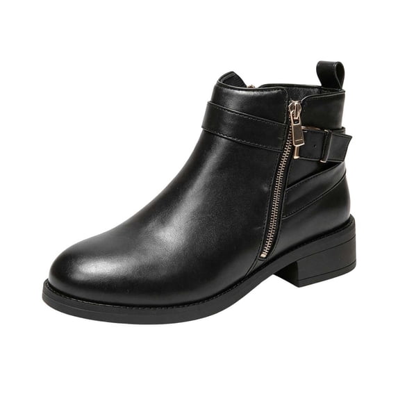 Puntoco Women's Ankle Boots,Round Toe Low Heel Comfort Elastic Leather Booties with Side Zipper Buckle Strap Black
